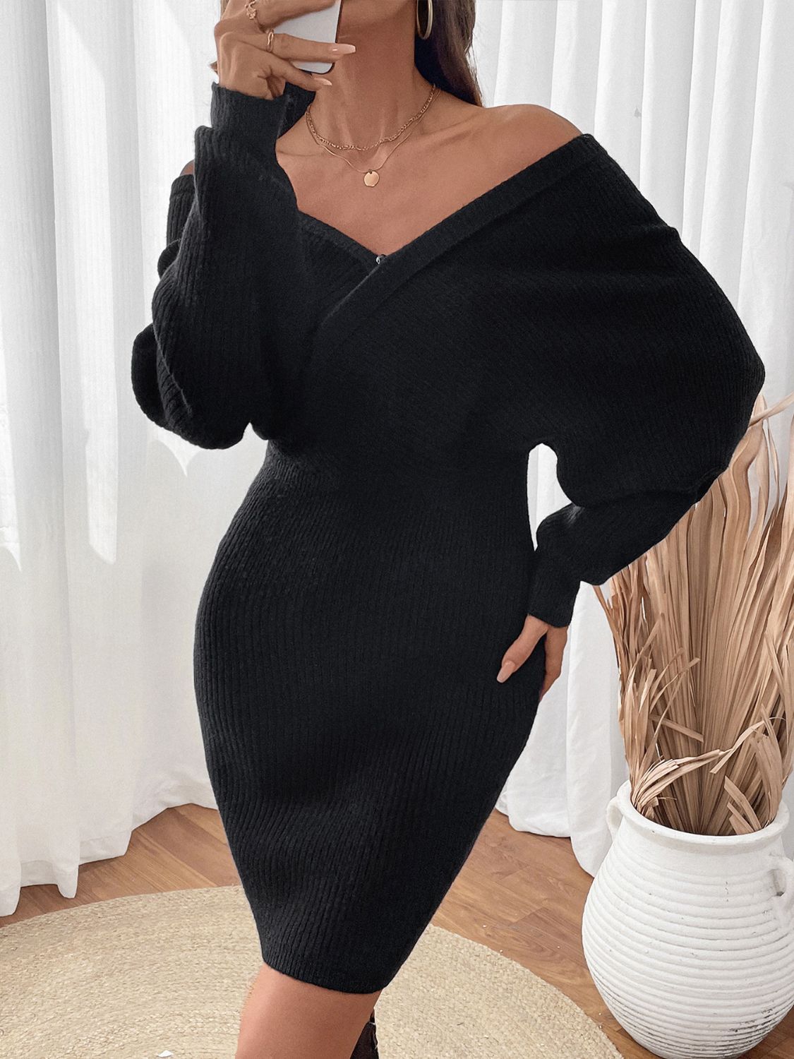 Perfee Surplice Long Sleeve Sweater Dress - felvior