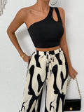 Cutout One Shoulder Top and Printed Pants Set