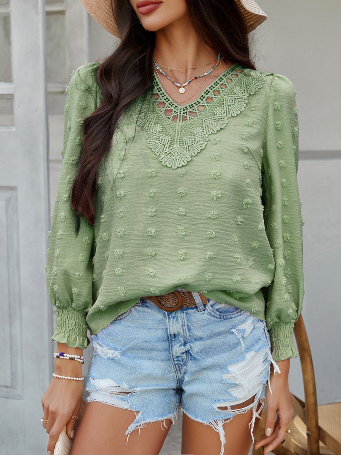 Devine Swiss Dot Lace Detail V-Neck Long Sleeve Blouse - felvior