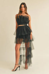 MABLE Tulle Tube Ruffle Crop Top and High Low Maxi Skirt Set