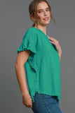 Umgee Full Size Raw Hem Ruffle Short Sleeve Blouse Plus Size