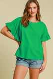 Umgee Full Size Raw Hem Ruffle Short Sleeve Blouse Plus Size
