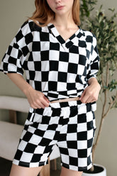 Checkerboard V Neck Loose Tee and Shorts Set