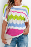 Color Block Crochet Ruffled Short Sleeve Knit Top