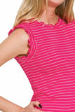 Zenana Ribbed Ruffle Trim Sleeveless Stripe Top