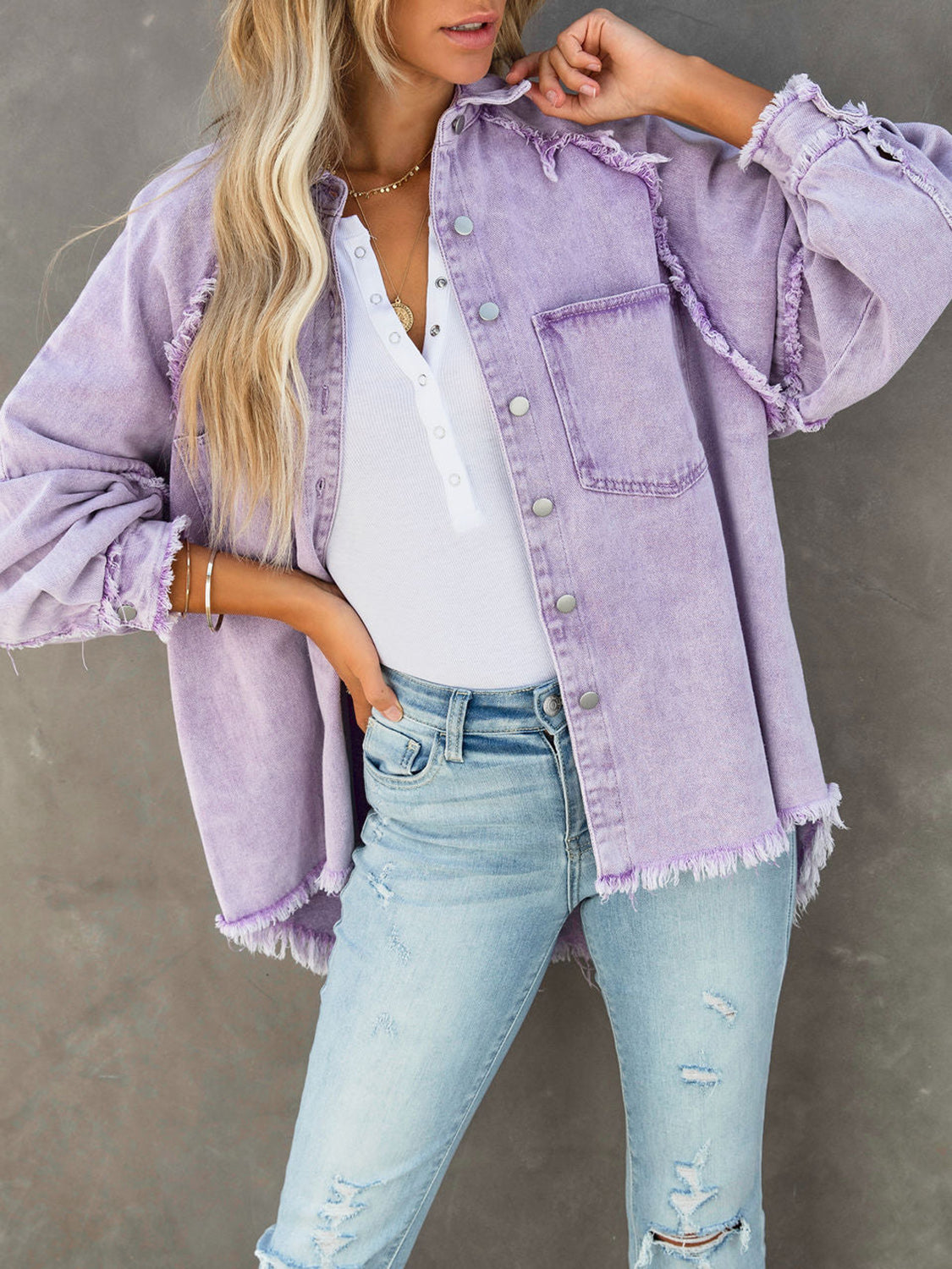 Button Down Raw Hem Denim Jacket - felvior