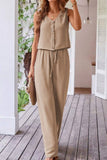 Button Down Vest and Drawstring Wide Leg Pants Set