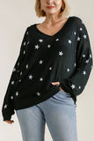 Umgee Full Size Star V-Neck Long Sleeve Sweater Plus Size