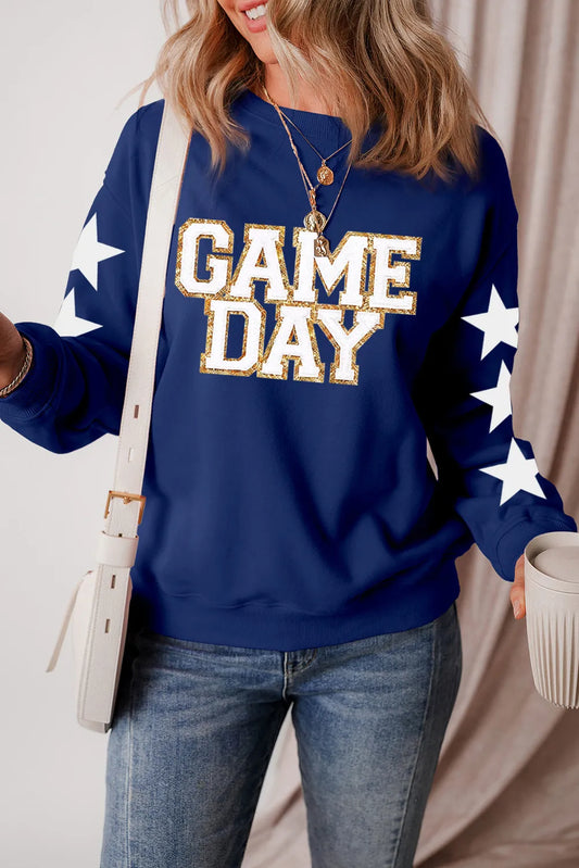 GAME DAY Star Round Neck Long Sleeve Sweatshirt - felvior