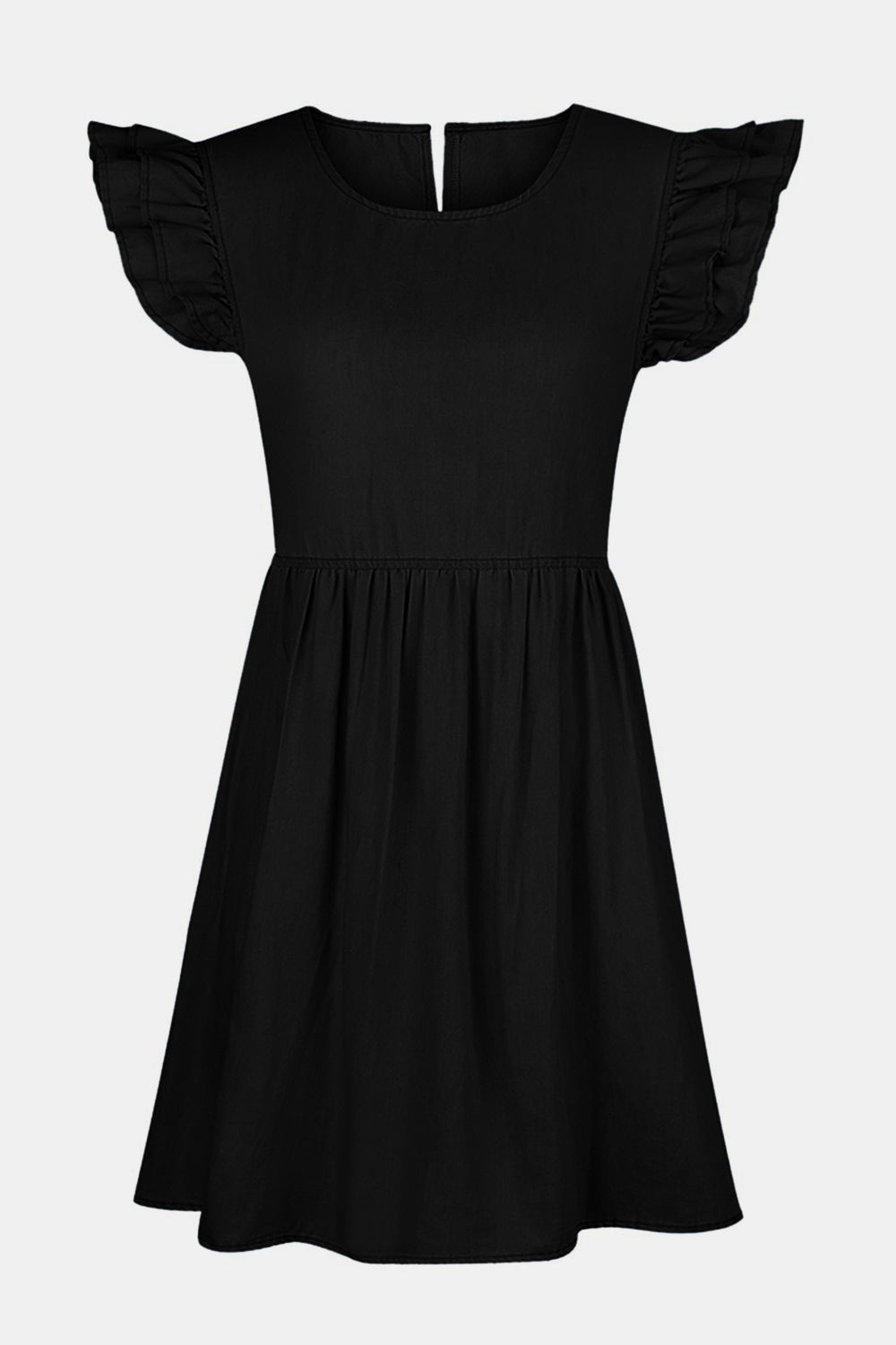 Full Size Ruffled Round Neck Cap Sleeve Denim Dress - felvior