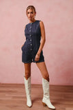 SO ME Button Up Front Washed Denim Sleeveless Romper