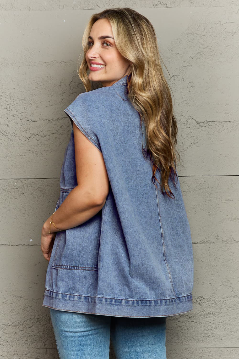Collared Neck Sleeveless Denim Top with Pockets - felvior