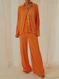Collared Neck Long Sleeve Top and Pants Lounge Set