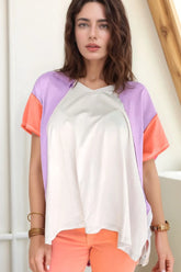 Color Block Patchwork V Neck Exposed Seam High Low T Shirt