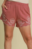 Umgee Full Size Linen Blend Shorts with Floral Embroidered Details Plus Size