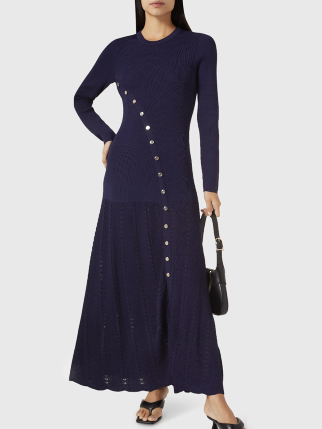 Openwork Round Neck Long Sleeve Sweater Dress - felvior