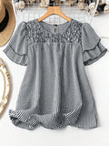 Smocked Plaid Round Neck Layered Short Sleeve Blouse