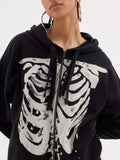 Skeleton Zip Up Drawstring Hoodie