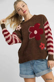 Umgee Flower Jacquard Striped Long Sleeve Sweater