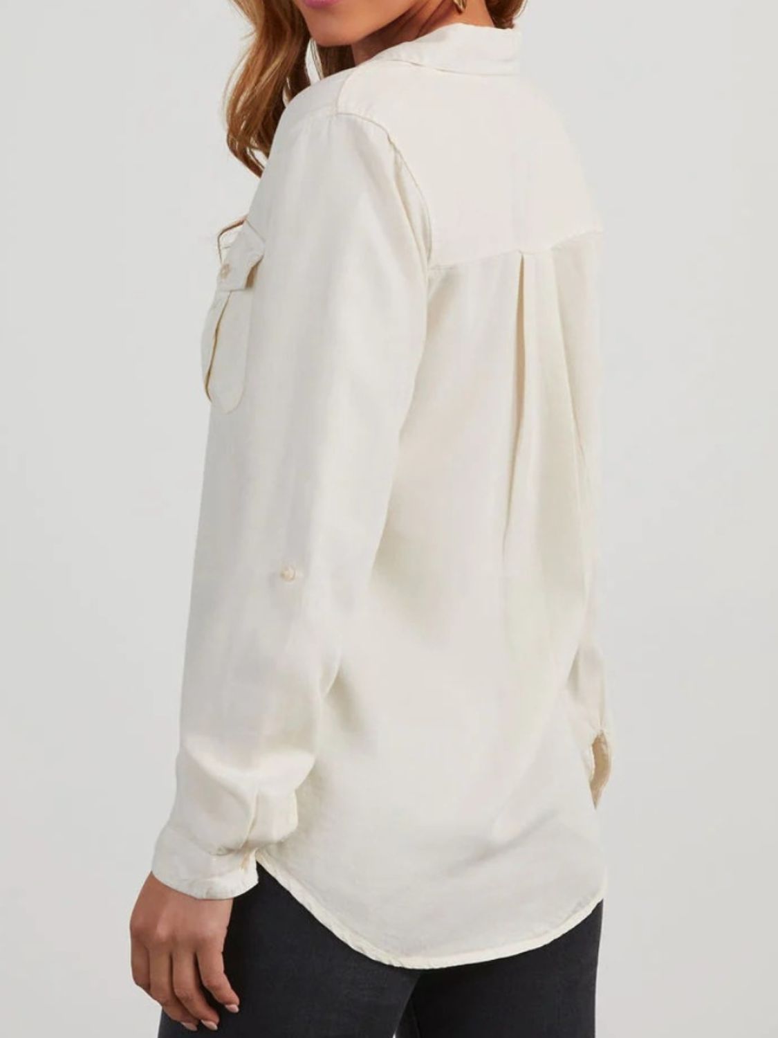 Collared Neck Roll-Tab Sleeve Denim Top - felvior