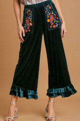 Umgee Full Size Wide Fit Ruffle Velvet Pants with Embroidered Pockets Plus Size