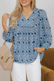 Geometric Print Frilled Notched Blouse