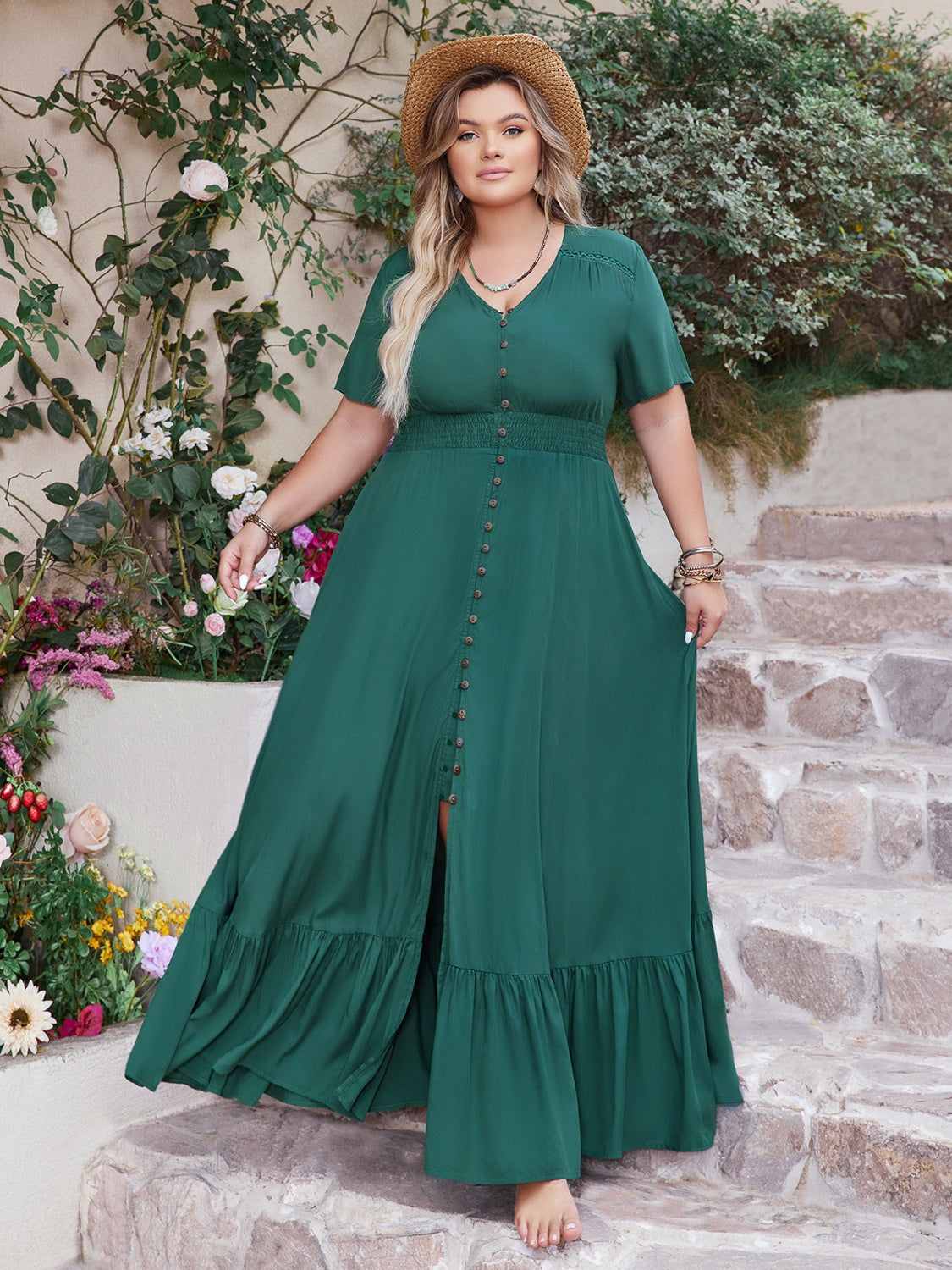 Plus Size Button Detail V-Neck Short Sleeve Maxi Dress - felvior