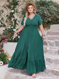 Plus Size Button Detail V-Neck Short Sleeve Maxi Dress