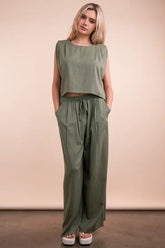 VERY J Solid Woven Top & Pants Set