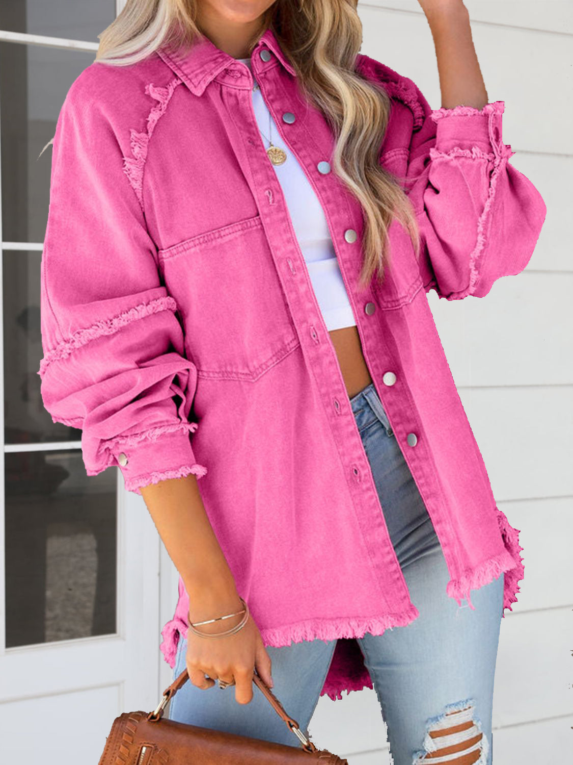 Button Down Raw Hem Denim Jacket - felvior