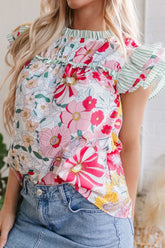 Frill Floral Print Ruffle Cap Sleeve Blouse