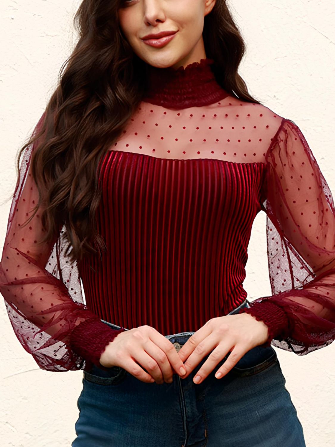 Smocked Mock Neck Long Sleeve Bodysuit - felvior