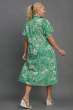 Umgee Full Size Printed Smocked Cuff Puff Sleeve Midi Dress Plus Size