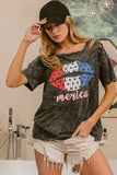 BiBi Laser Cut Mineral Washed Old Glory Lip Print Top