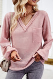 Devine Waffle-Knit V-Neck Long Sleeve Top