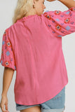 Umgee Full Size Embroidered Puff Sleeve Mock Neck Top Plus Size