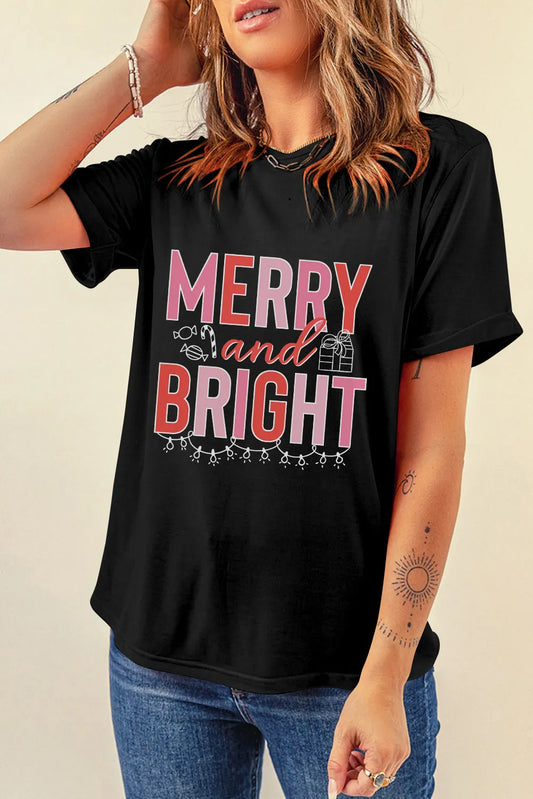 MERRY AND BRIGHT Round Neck Short Sleeve T-Shirt - felvior