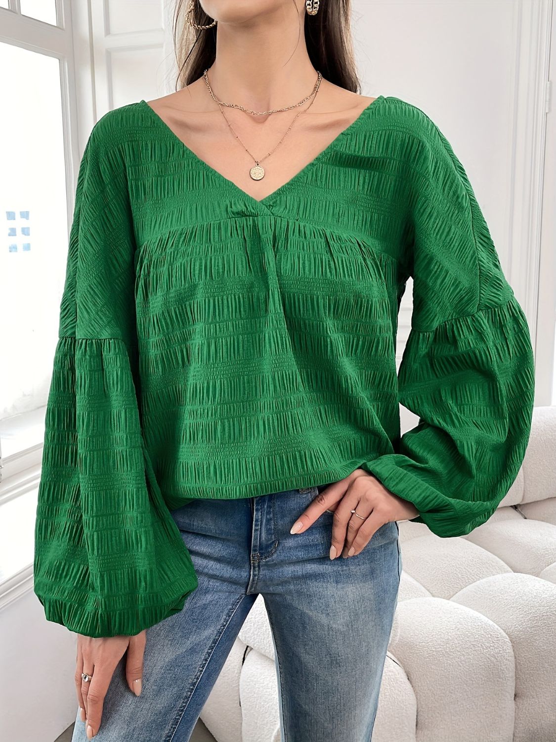 Plus Size Texture V-Neck Long Sleeve Top - felvior