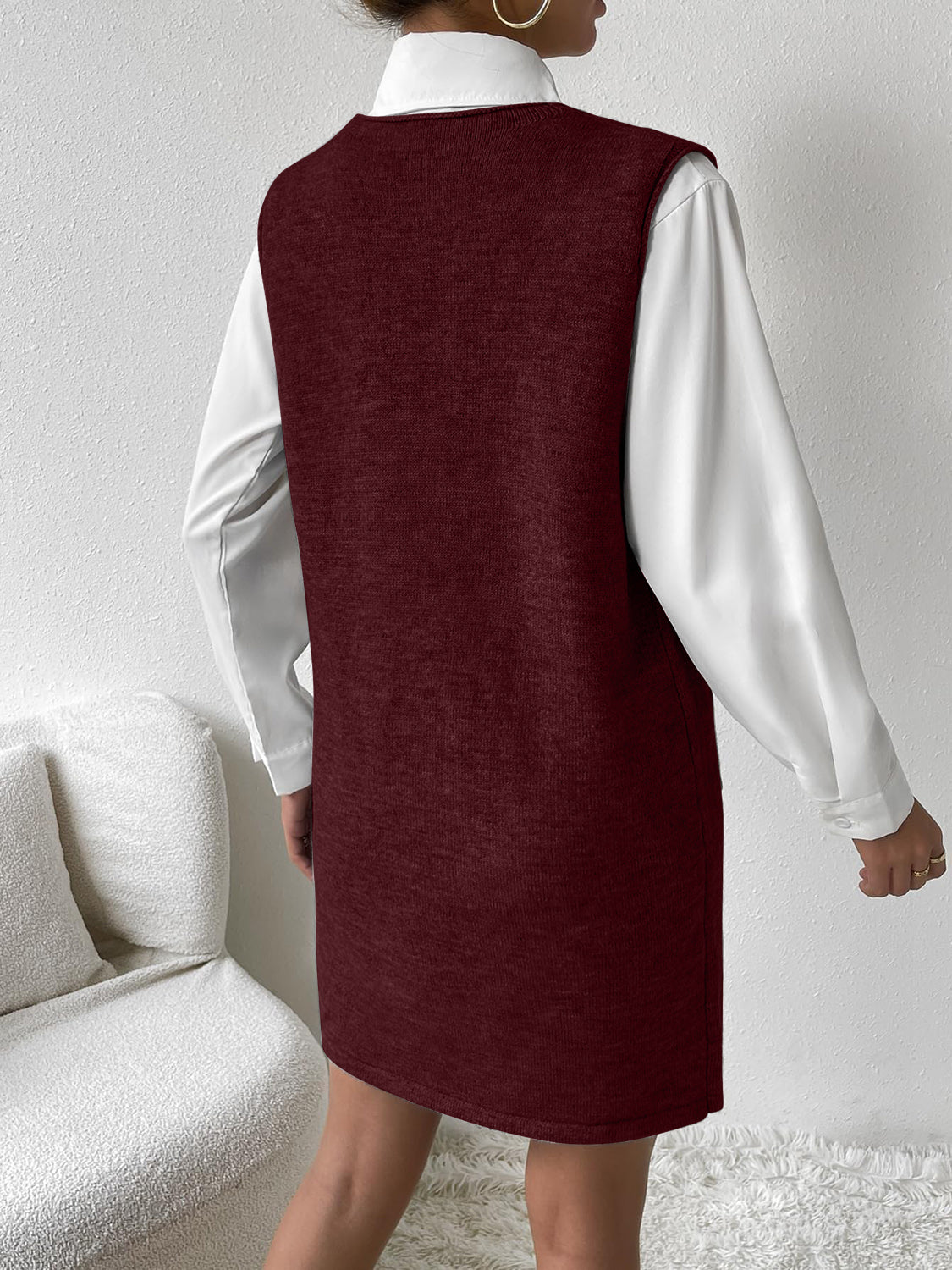 V-Neck Sleeveless Sweater Dress with Pockets - felvior