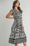 Umgee Full Size Two Tone Border Print Ruffle Cap Sleeve Midi Dress Plus Size