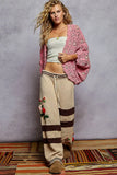 POL Openwork V-Neck Chenille Cardigan with Contrast Floral