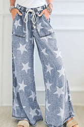 Star Print Washed Drawstring High Waist Wide Leg Jeans