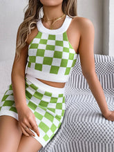 Checkered Grecian Neck Cami and Skirt Sweater Set