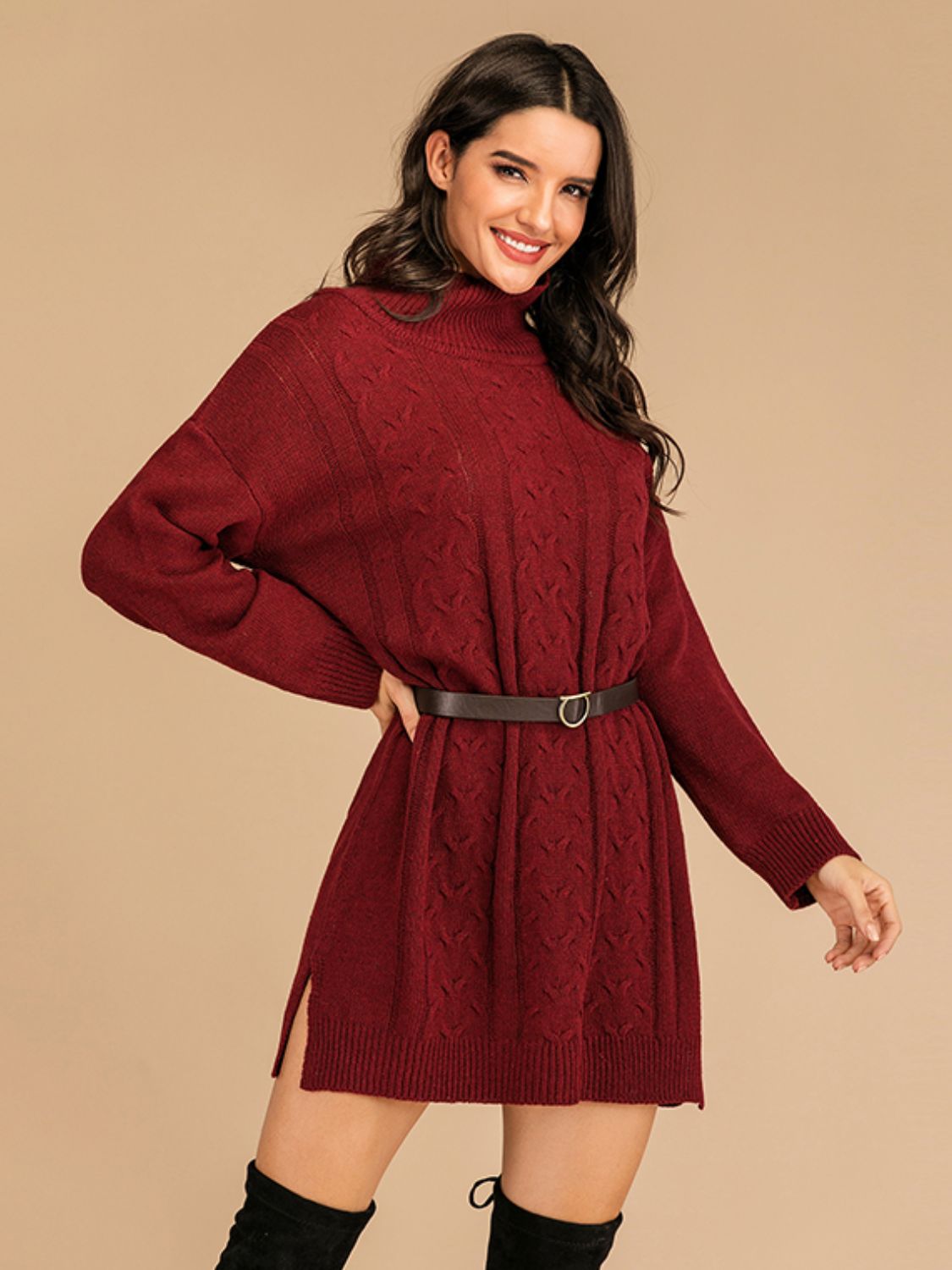 Perfee Slit Turtleneck Long Sleeve Mini Sweater Dress - felvior