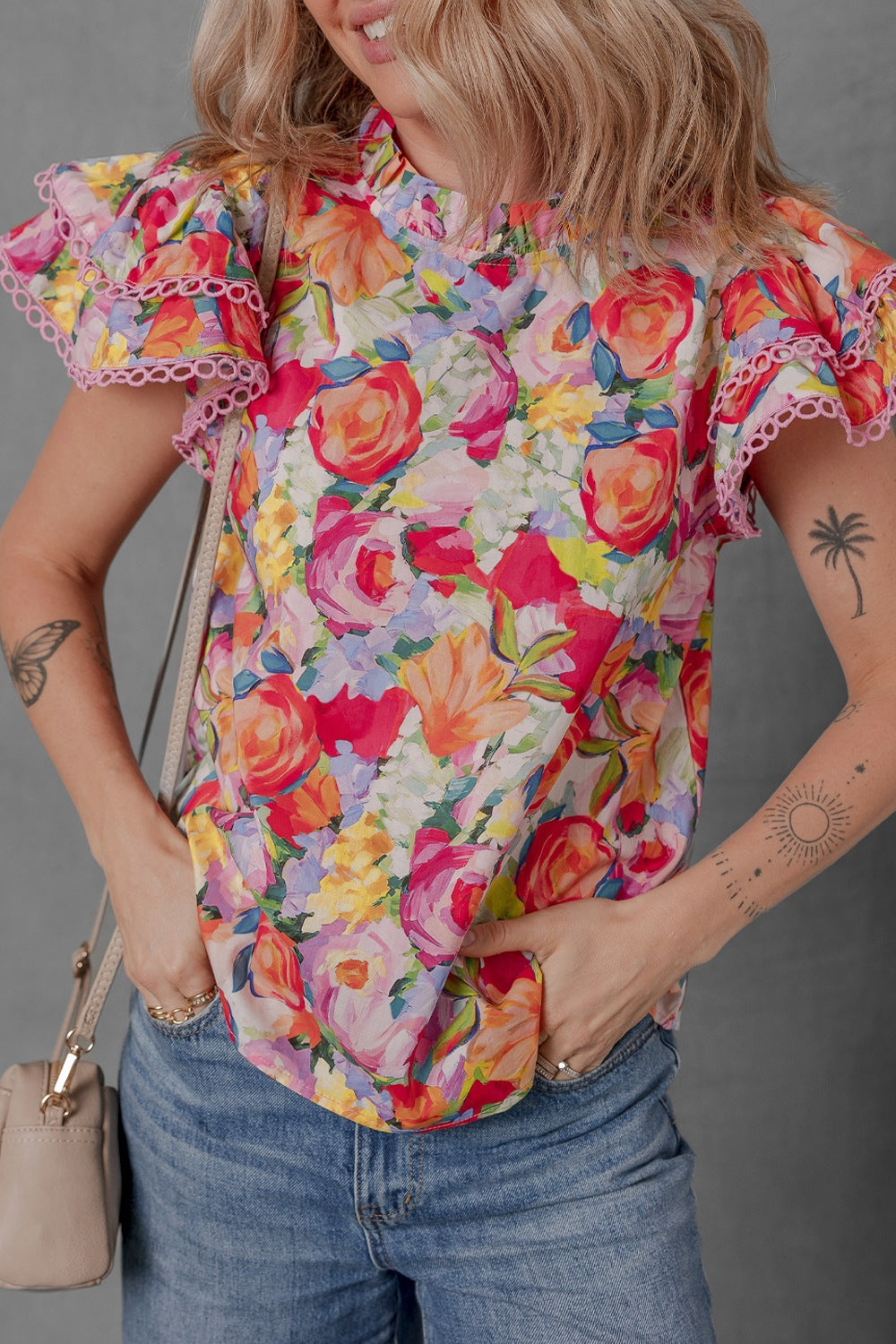 Lace Trim Ruffle Cap Sleeve Floral Blouse