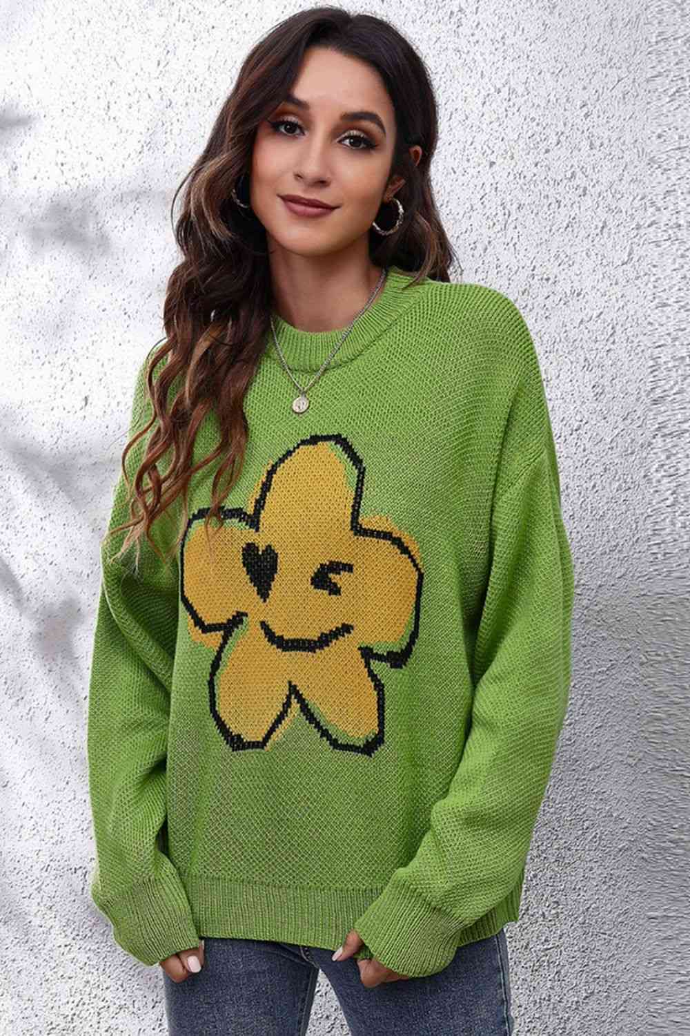 Flower Graphic Drop Shoulder Sweater - felvior