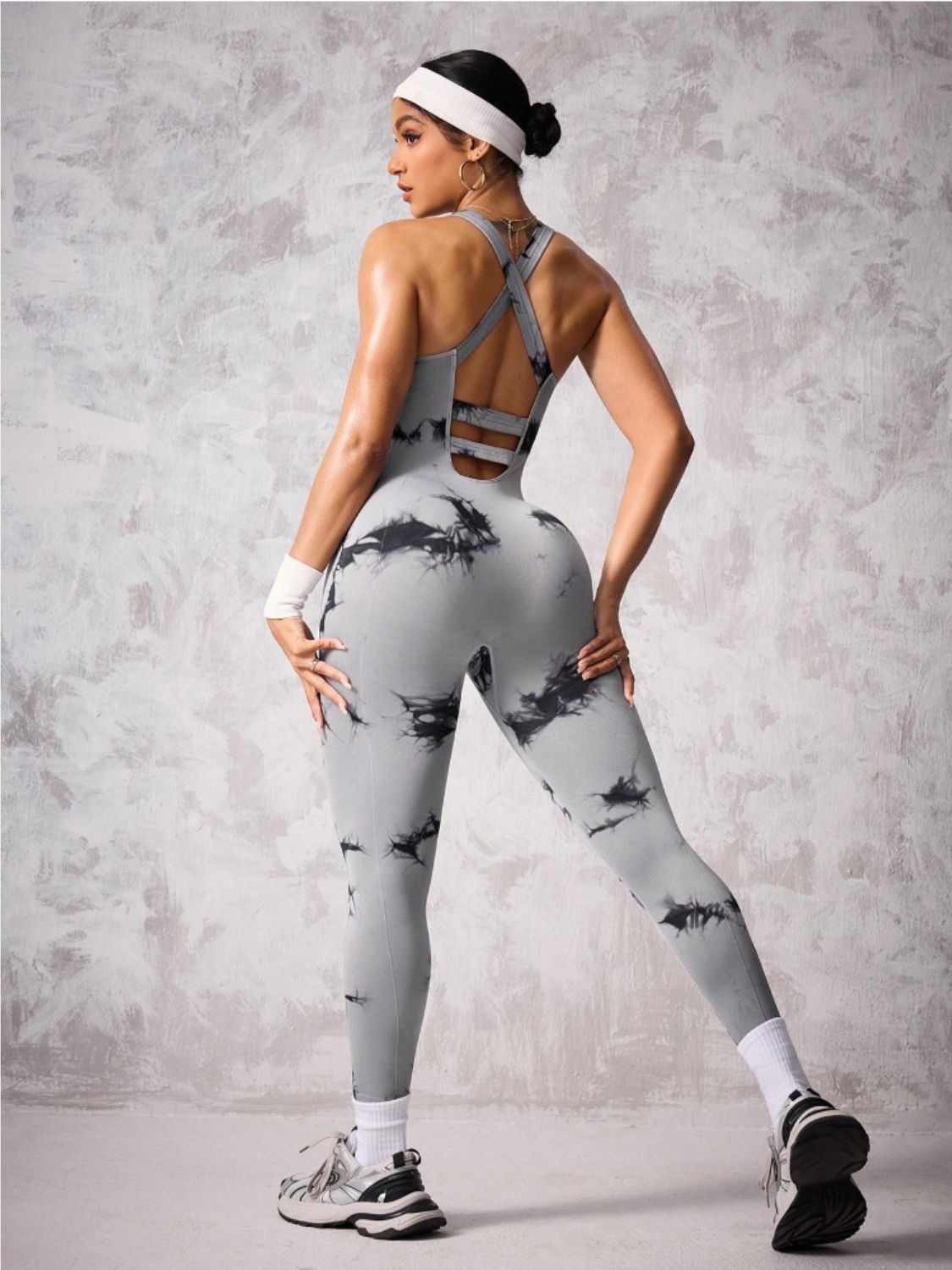 Back Crisscross Tie-Dye Scoop Neck Active Jumpsuit - felvior
