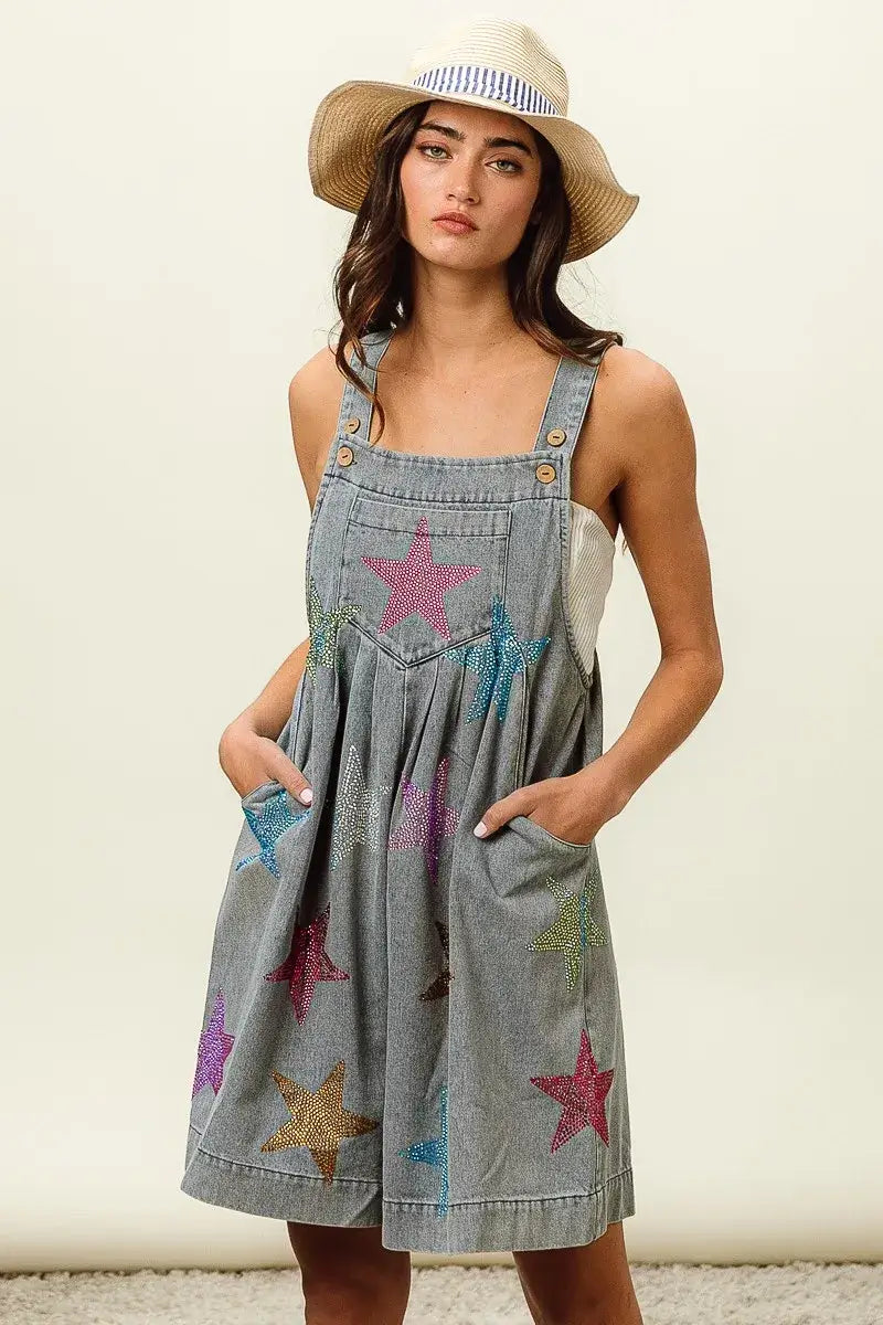 BiBi Star Rhinestone Washed Wide Leg Shortalls