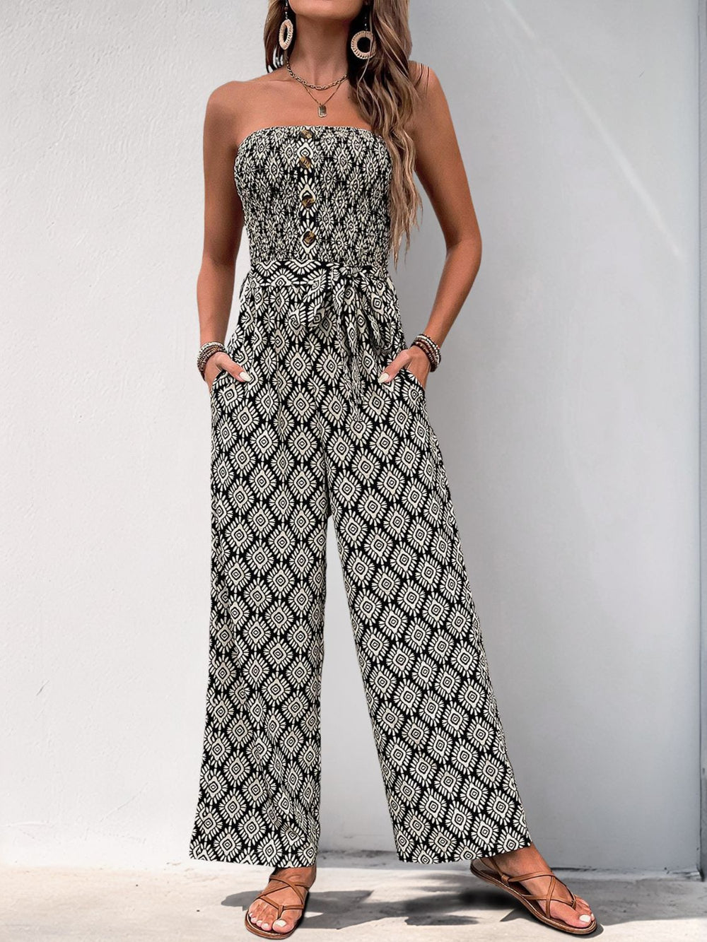 Perfee Printed Smocked Sleeveless Jumpsuit