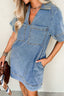 Short Sleeve Collared Patched Pocket Denim Mini Dress